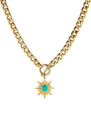 18k Gold Chain Necklace With Turquoise Stone Sun Pendant necklace Vinty Jewelry