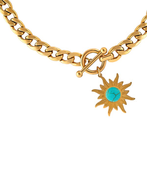 18k Gold Chain Necklace With Turquoise Stone Sun Pendant necklace Vinty Jewelry
