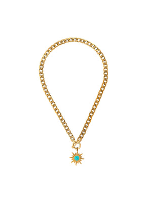 18k Gold Chain Necklace With Turquoise Stone Sun Pendant necklace Vinty Jewelry