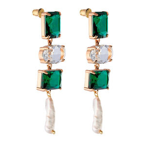 Emerald Earrings with Real Baroque Pearls, Green CZ Crystal Long Dangle Earrings, Sparkly Statement Jewelry for Bridesmaids and Weddings, Gift for Women Jewelry VINTY