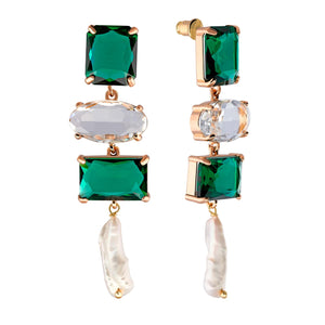 Emerald Earrings with Real Baroque Pearls, Green CZ Crystal Long Dangle Earrings, Sparkly Statement Jewelry for Bridesmaids and Weddings, Gift for Women Jewelry VINTY