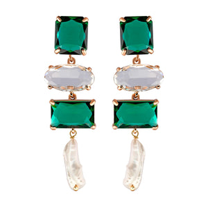 Emerald Earrings with Real Baroque Pearls, Green CZ Crystal Long Dangle Earrings, Sparkly Statement Jewelry for Bridesmaids and Weddings, Gift for Women Jewelry VINTY
