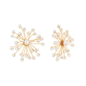 Pearl Cluster Earrings, 18k Gold Plated Wire Flower Earrings with Tiny Seed Pearls, Unique Artisan Earrings, Hypoallergenic, Non-tarnish, Handmade Jewelry Gift for Women Jewelry VINTY