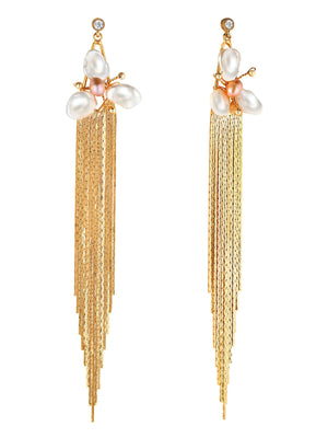 Pearl Flower Earrings With Long Gold Chain earrings Vinty Jewelry
