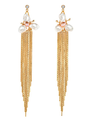 Pearl Flower Earrings With Long Gold Chain earrings Vinty Jewelry