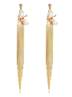 Pearl Flower Earrings With Long Gold Chain earrings Vinty Jewelry