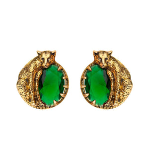 Round Cheetah Earrings With Red CZ Stones Vinty Jewelry