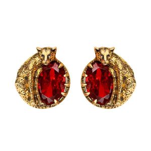 Round Cheetah Earrings With Red CZ Stones Vinty Jewelry