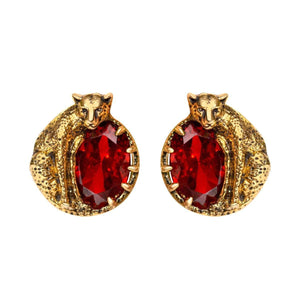 Round Cheetah Earrings With Red CZ Stones Vinty Jewelry