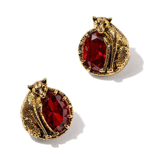 Round Cheetah Earrings With Red CZ Stones Vinty Jewelry