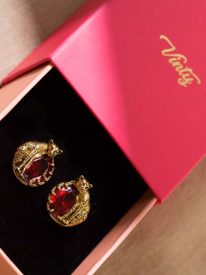 Round Cheetah Earrings With Red CZ Stones Vinty Jewelry