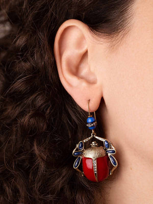 Scarab Earrings with Red and Blue Stones Vinty Jewelry