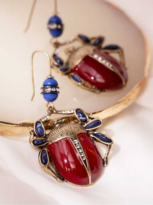 Scarab Earrings with Red and Blue Stones Vinty Jewelry