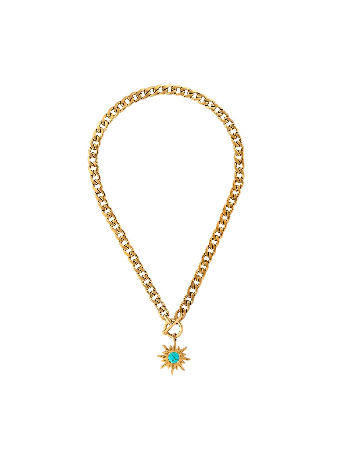 18k Gold Chain Necklace With Turquoise Stone Sun Pendant necklace Vinty Jewelry 