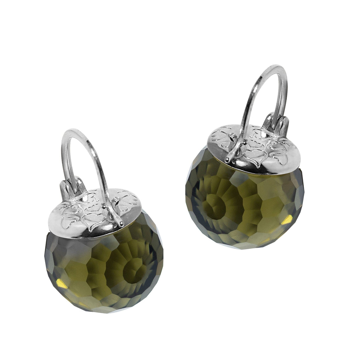Elegant Austrian Crystal Ball Earrings in Silver Jewelry VINTY Olive Green 