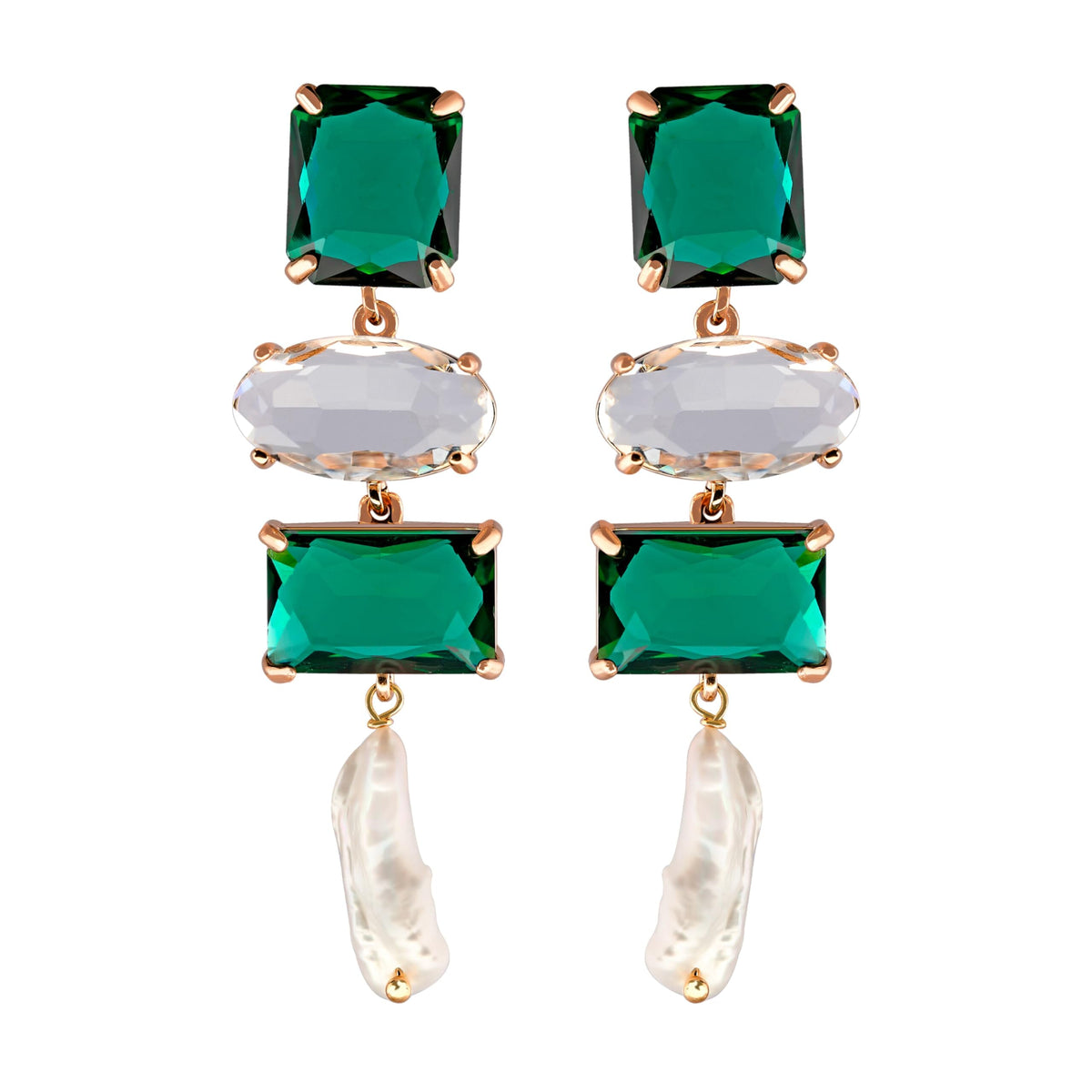 Emerald Earrings with Real Baroque Pearls, Green CZ Crystal Long Dangle Earrings, Sparkly Statement Jewelry for Bridesmaids and Weddings, Gift for Women Jewelry VINTY 