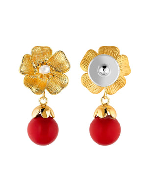 Gold Flower Earrings With Red Natural Stones earrings Vinty Jewelry 