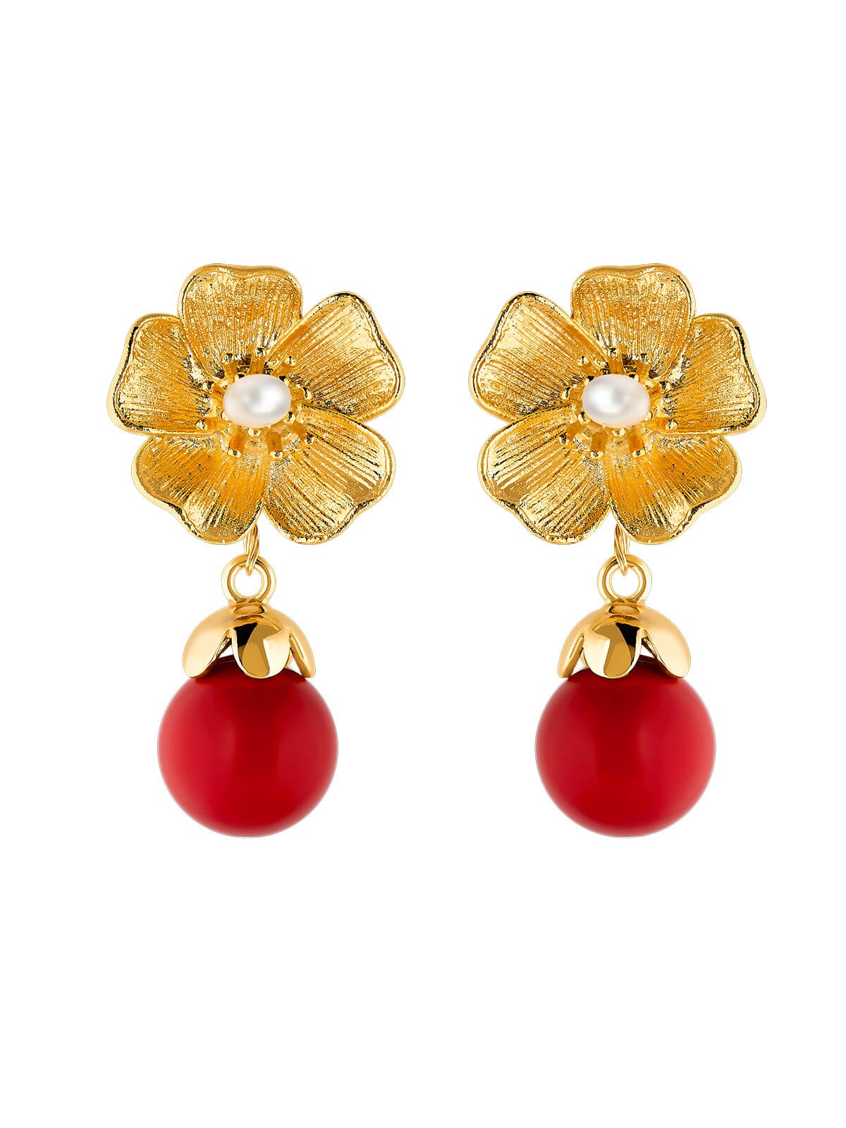 Gold Flower Earrings With Red Natural Stones earrings Vinty Jewelry 