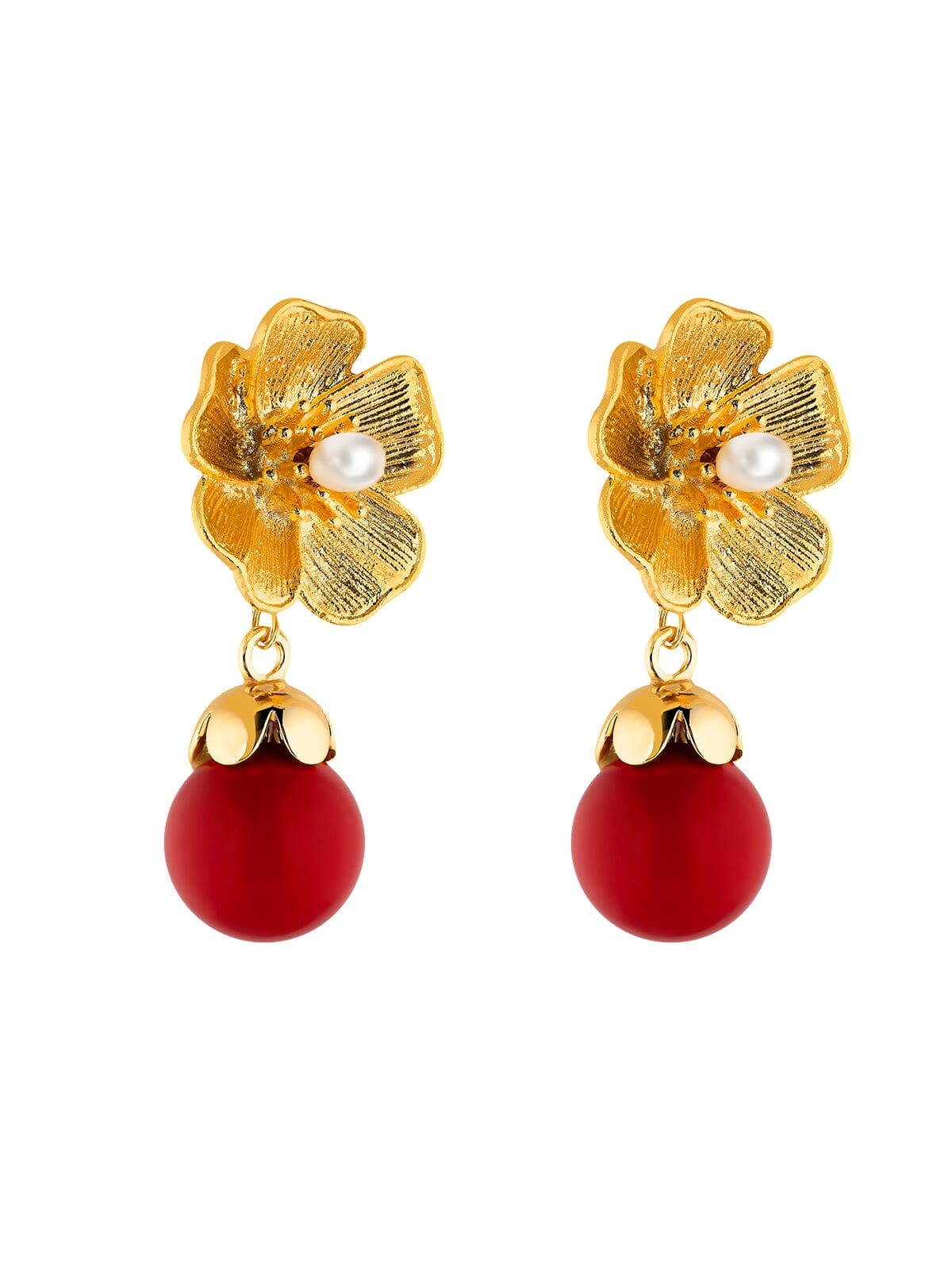 Gold Flower Earrings With Red Natural Stones earrings Vinty Jewelry 