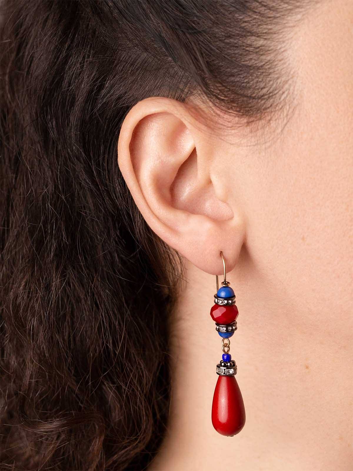 Art Deco Coral, Onyx and Diamond Drop Earrings - Earrings - Jewellery