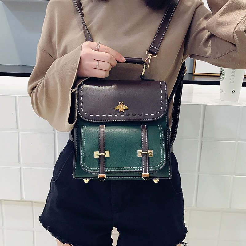 Little Bee Vintage Faux-Leather Women's Backpack, Green / 20x10x23cm