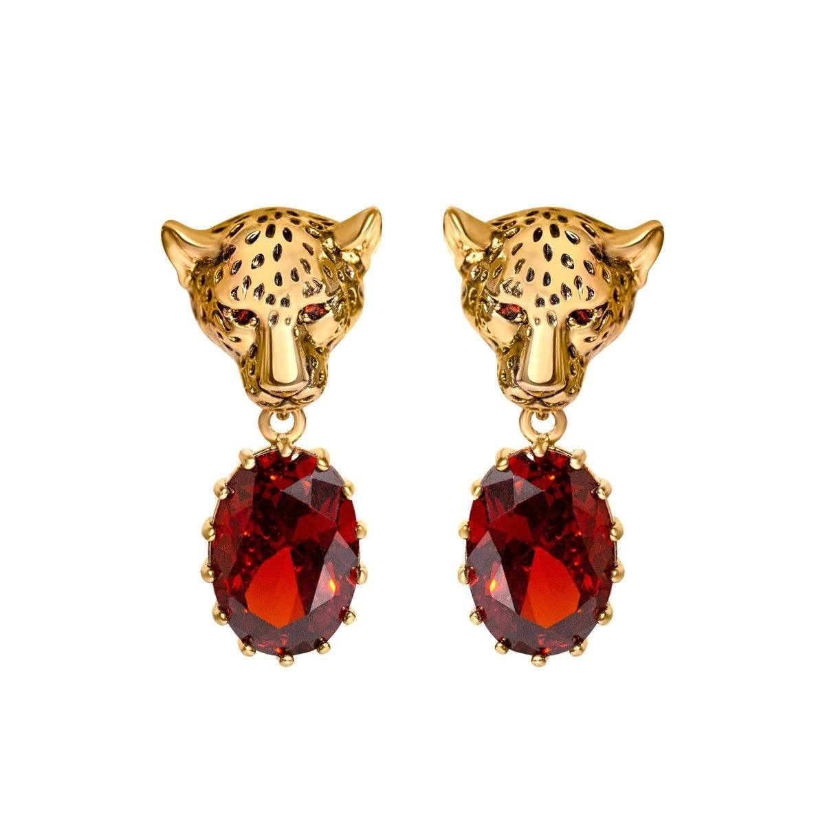 ピアス Brass Rhinestone Cheetah Head Earrings Cheetah Earrings With Red CZ Stones - Vinty Jewelry
