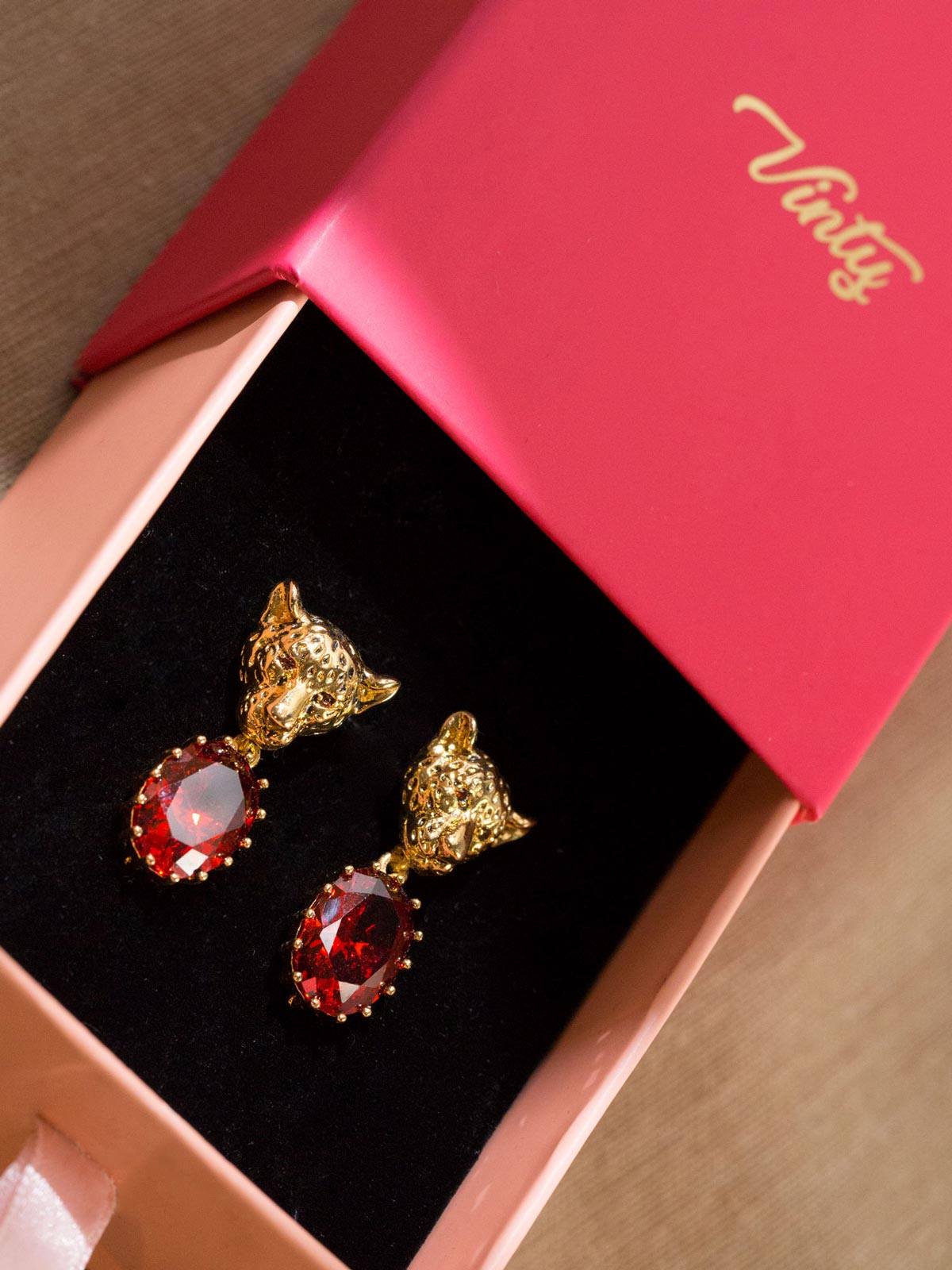 Cheetah Earrings With Red CZ Stones earrings Vinty Jewelry 