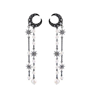 Crescent Moon and Stars Long Dangle Earrings earrings Vinty Jewelry 