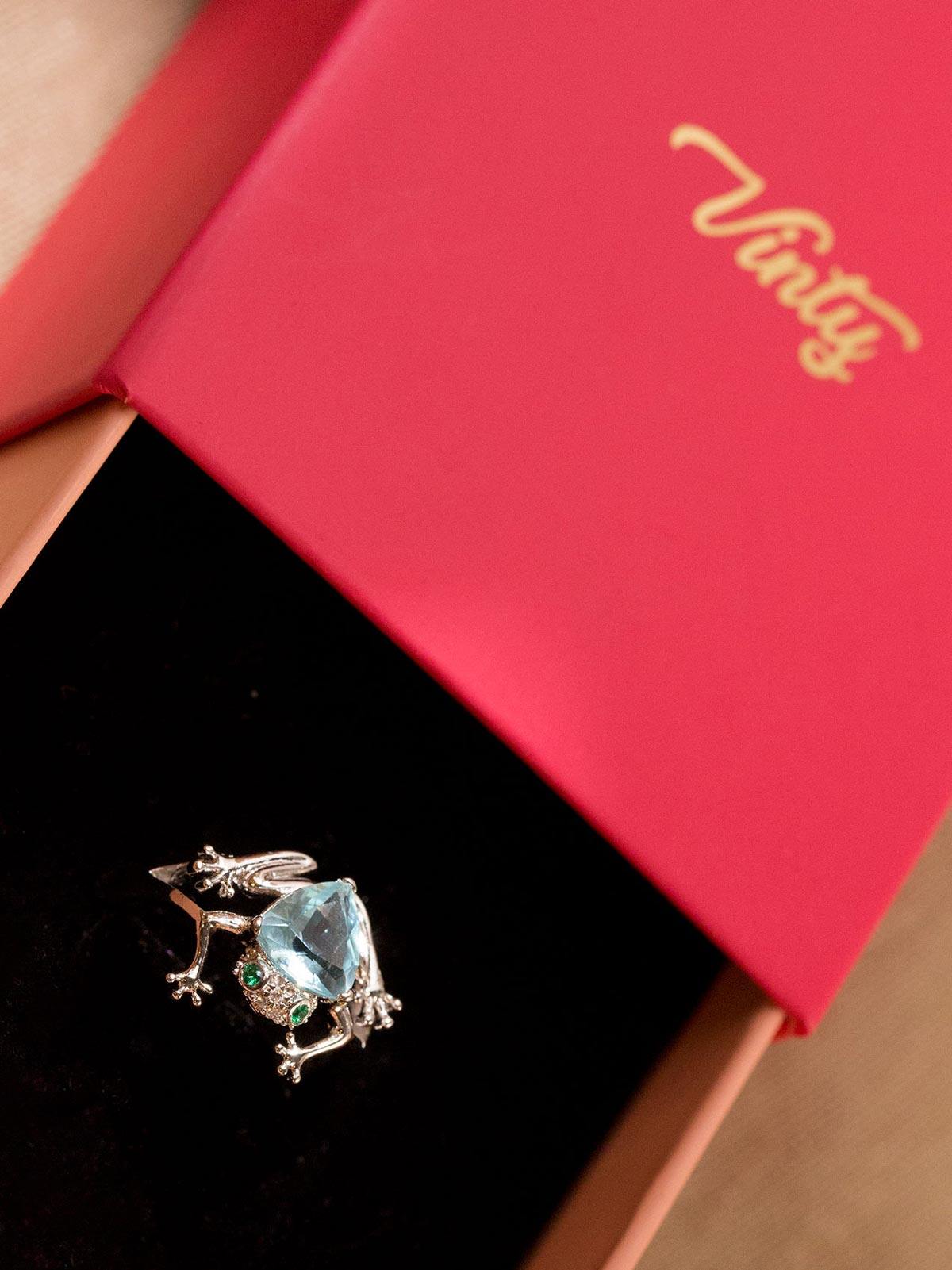 Frog Ring With Aquamarine Stone Vinty Jewelry