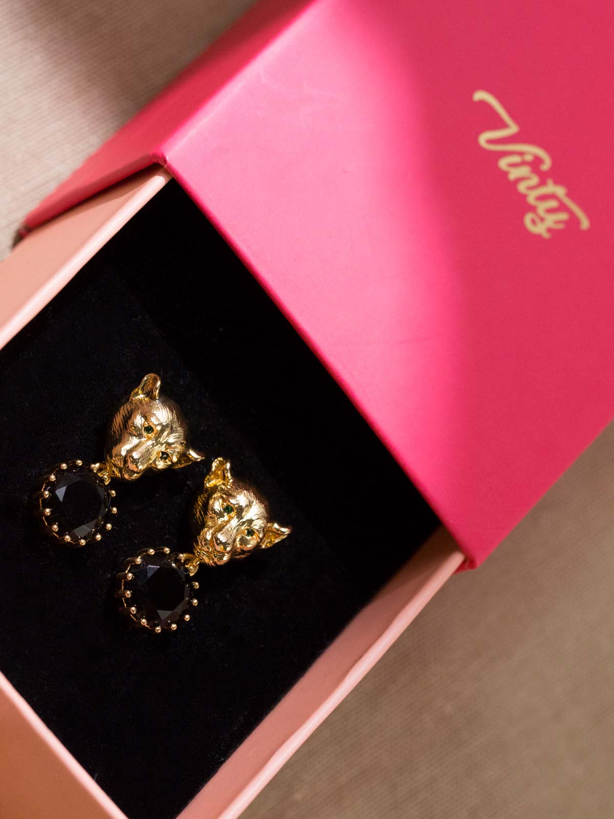 Lioness Earrings With Black CZ Stones Vinty Jewelry