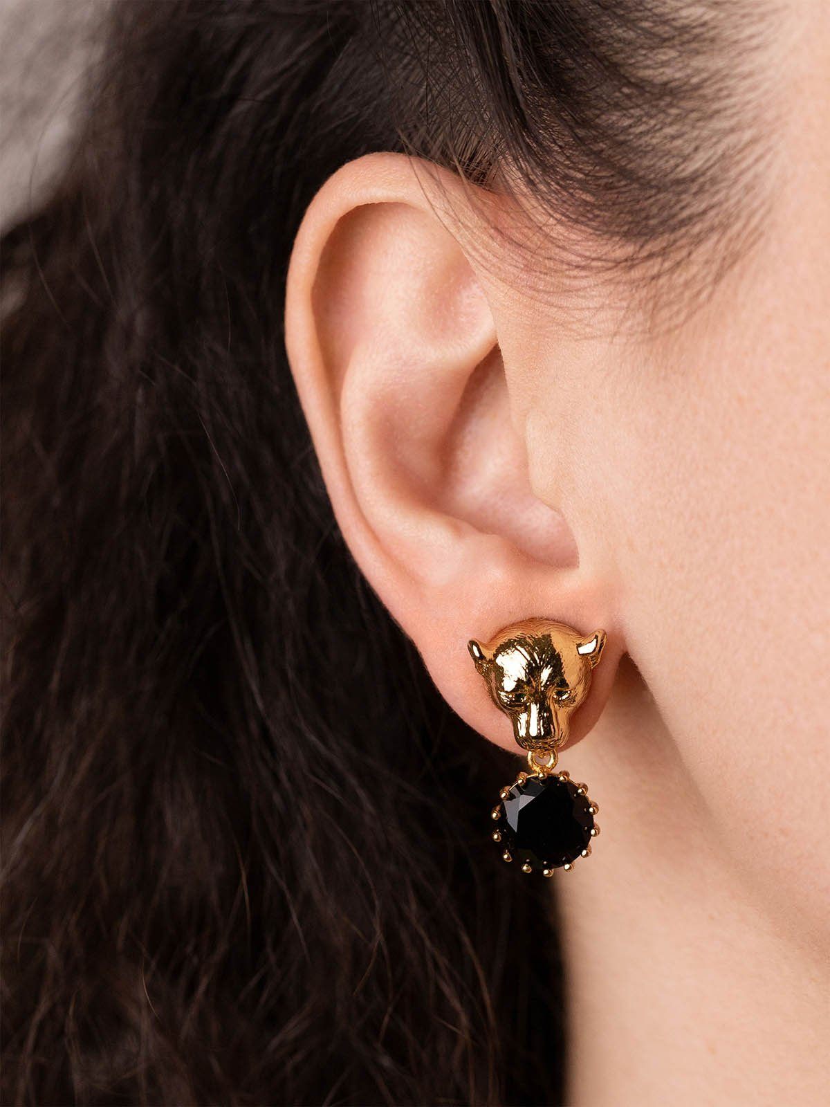 Lioness Earrings With Black CZ Stones Vinty Jewelry