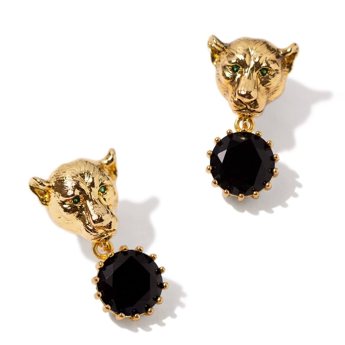 Lioness Earrings With Black CZ Stones Vinty Jewelry