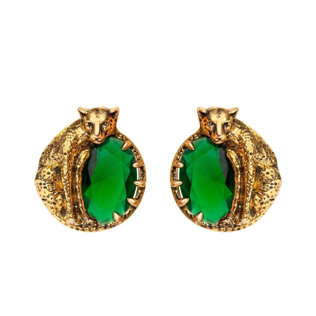 Round Cheetah Earrings With Red CZ Stones Vinty Jewelry