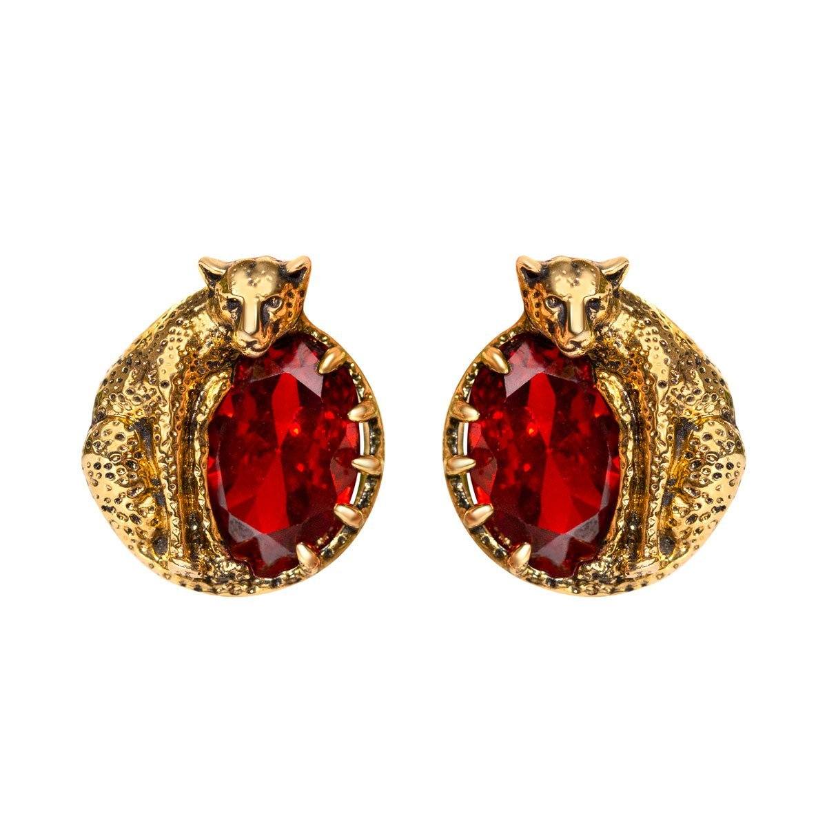 Round Cheetah Earrings With Red CZ Stones Vinty Jewelry