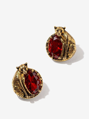 Round Cheetah Earrings With Red CZ Stones Vinty Jewelry