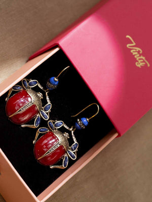 Scarab Earrings with Red and Blue Stones Vinty Jewelry